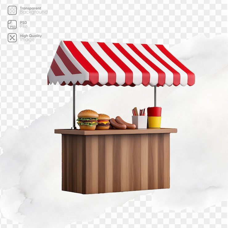 PSD roter und weißer streifen-lebensmittelstand mit ausgestellten snacks
