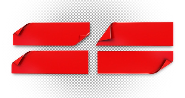 Rotes Banner-Klebeetikett mit gefalteter Eckvorlage, isoliertes 3D-Rendering