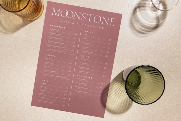 Rotes Café-Menü-Mockup PSD-Flat-Lay-Design mit Glas