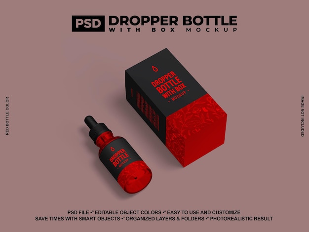 Rotes glas-etherische öl-tropferflaschen-mockup rotes flaschen-psd-mackup für die markenmarkierung