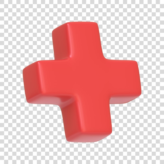 Rotes Pluszeichen isoliert auf weißem Hintergrund 3D-Symbol Zeichen und Symbol Cartoon minimaler Stil 3D-Rendering
