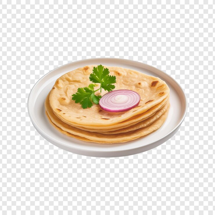 PSD roti de comida india en una placa de cerámica blanca aislada sobre un fondo transparente