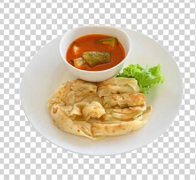 Roti Prata o Roti canai con salsa al curry su piatto bianco