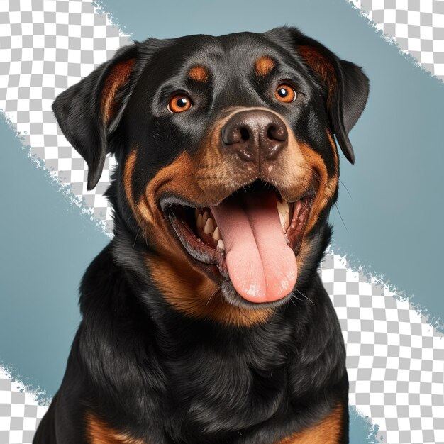 PSD rottweiler resgatado sorrindo em estúdio com a língua para fora e fundo transparente claro