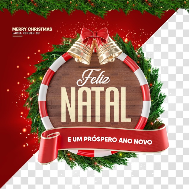 PSD rotular renderização 3d de feliz natal em português com fita e sino realistas