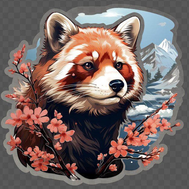 PSD rótulo de panda vermelho estilo hokusai arte limpa cor estilo de clor de água desenho transparente psd isolado