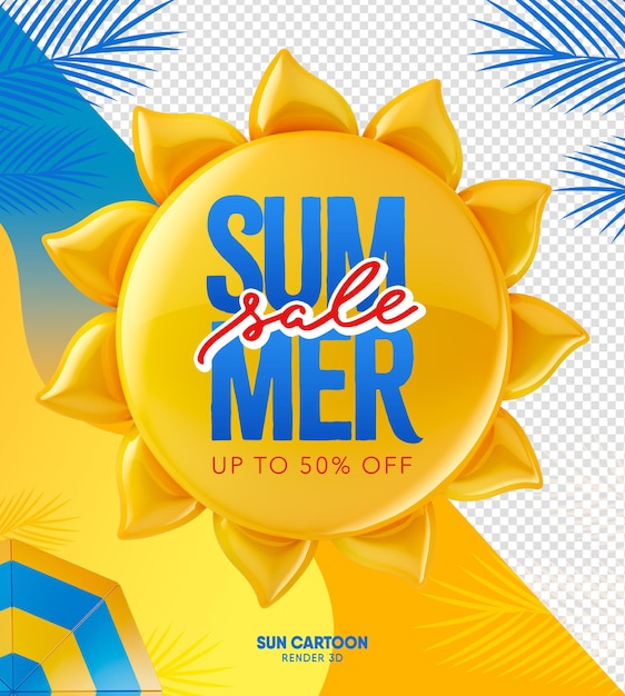 Rótulo de venda de verão sol 3d render design de modelo de banner até 50 off