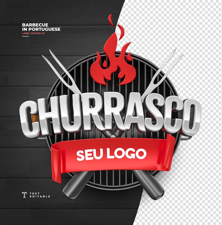 PSD rótulo para loja de carne com título de churrasco em renderização 3d em português brasileiro