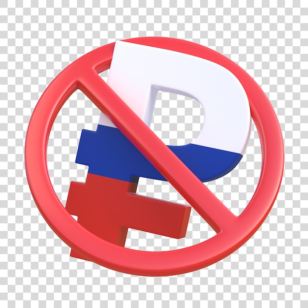 PSD rouble russe en signe d'arrêt rouge symbole d'argent dans le signe d'interdiction illustration de rendu 3d