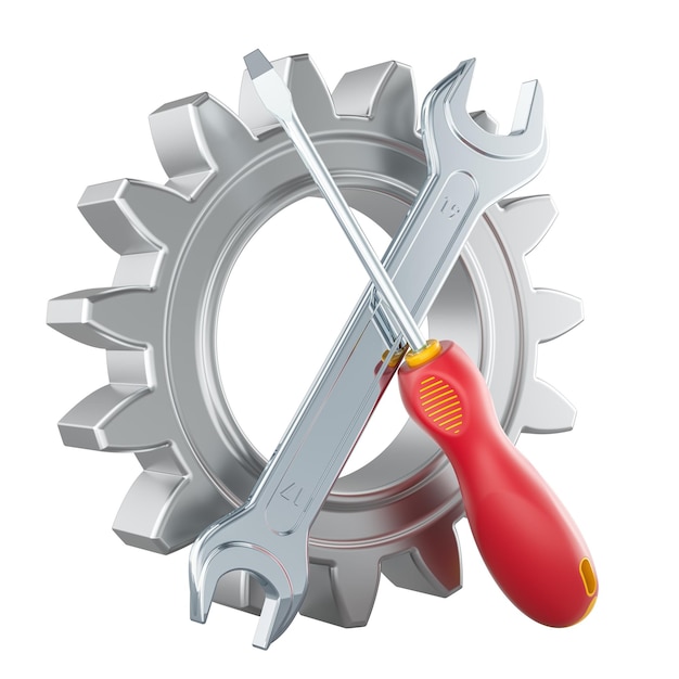 Roue dentée avec tournevis croisé et clé angulaire Concept de réparation et de service Rendering 3D isolé sur fond transparent