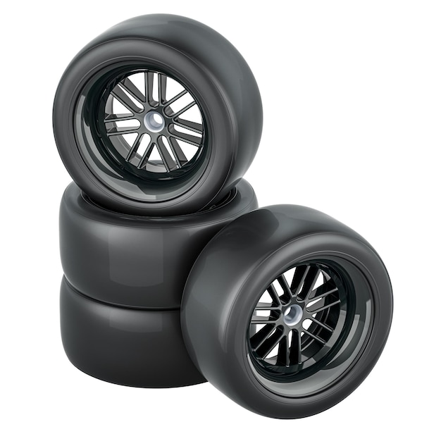 Roues de voiture sport avec pneus glissants rendu 3D isolé sur fond transparent