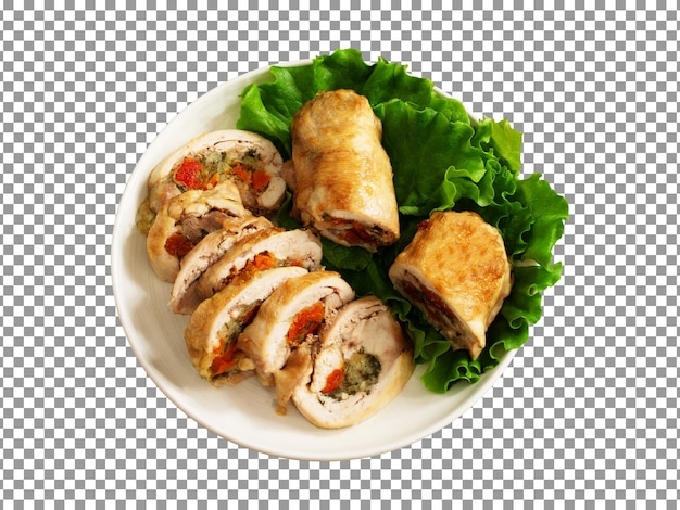 Rouleau de poulet avec des feuilles isolées sur fond transparent