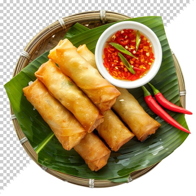 PSD rouleaux de printemps avec sauce au piment sucré chimichangas jour de nourriture isolé sur un fond transparent