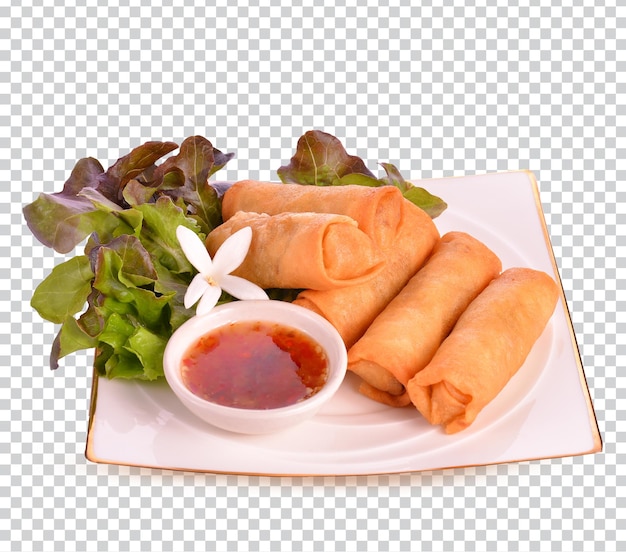 Rouleaux de printemps traditionnels chinois frits, nourriture sur fond blanc sur transparent