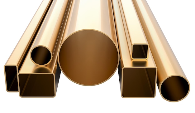 round pipes and square pipes from copper bronze or brass cold rolled metal 3d rendering