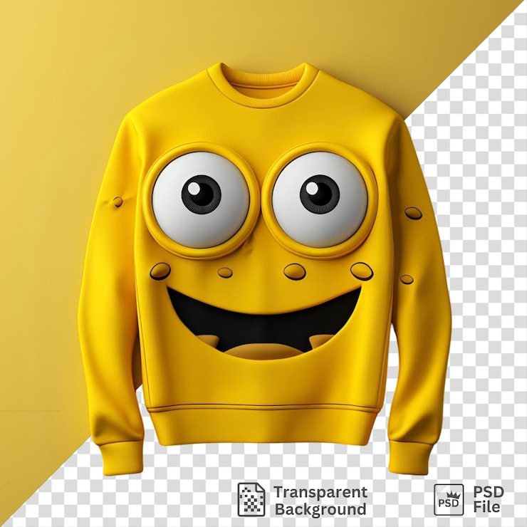 PSD roupa sombria com um rosto amarelo e boca preta acompanhada por um brinquedo amarelo está em frente a uma parede amarela com um braço longo visível no primeiro plano