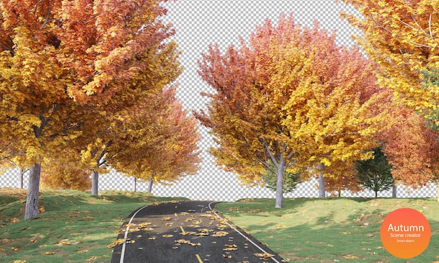 PSD route d'automne avec des arbres d'automne et des feuilles sèches créateur de scènes d'automne herbe verte