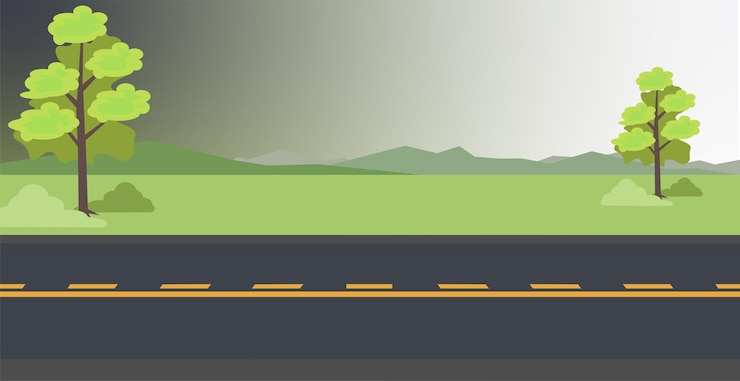 PSD route de campagne pittoresque avec des arbres et des montagnes illustration vectorielle