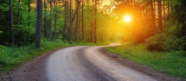 La route du coucher de soleil à travers la forêt