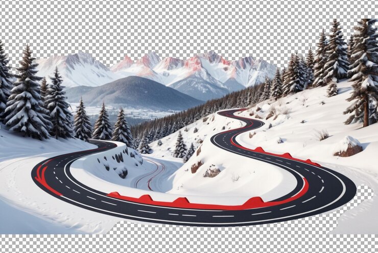 PSD une route de montagne sinueuse en hiver