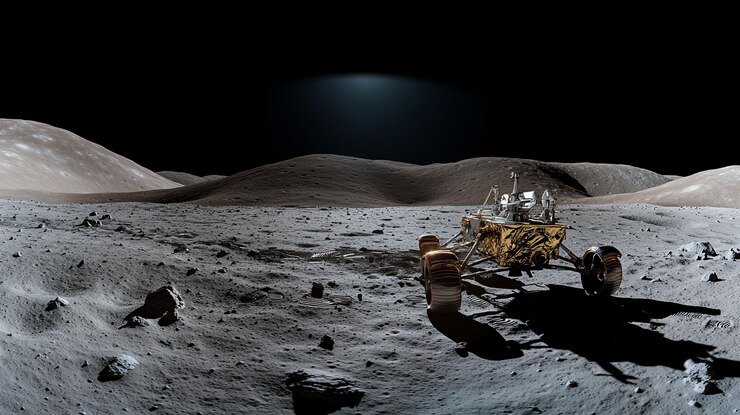 PSD rover lunare che esplora la superficie delle lune sotto la luce solare brillante