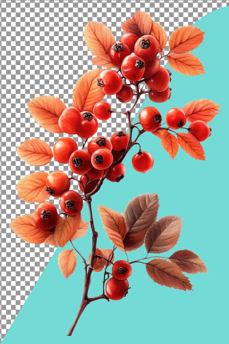 Rowanberry rojo Fruto de otoño brillante y picante Hiperrealista Blanco aislado Plano Transparente Backg