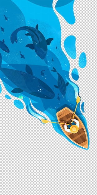 Rowing Boat in the Ocean Surrounded by Whales