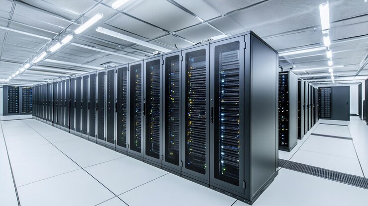 PSD rows of server racks in a modern data center