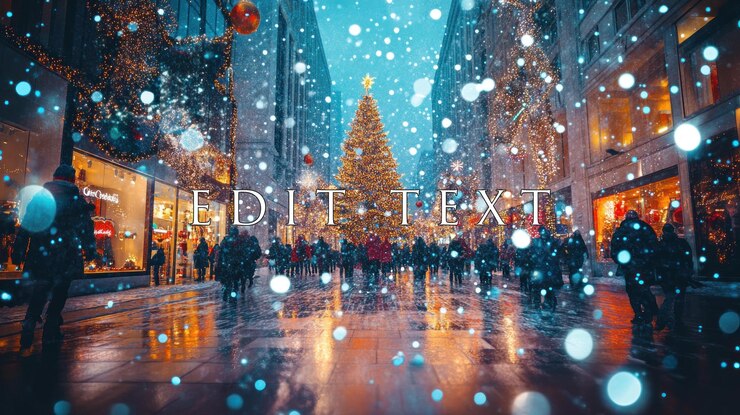 PSD rua da cidade coberta de neve na véspera de natal com grande árvore decorada e multidão movimentada