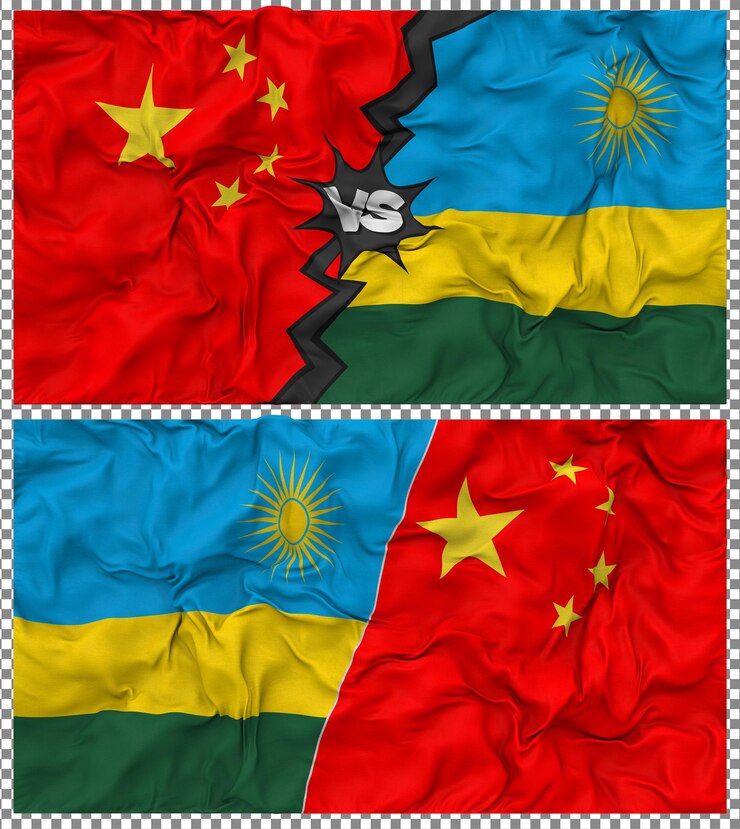 PSD ruanda gegen china halbkombinierte flagge stoff bump textur 3d-rendering