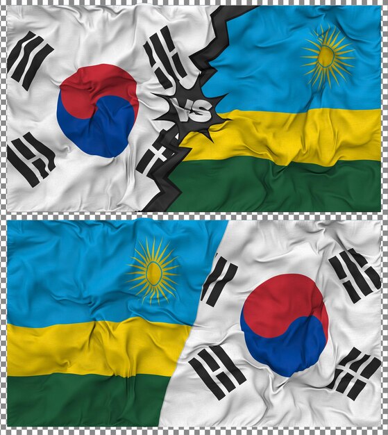 Ruanda gegen Südkorea Halbkombinierte Flagge Stoff-Bump-Textur 3D-Rendering