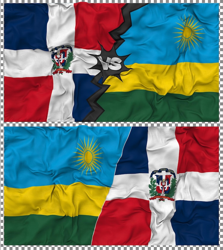 PSD ruanda vs dominicana media bandera combinada con textura de paño y baches en 3d