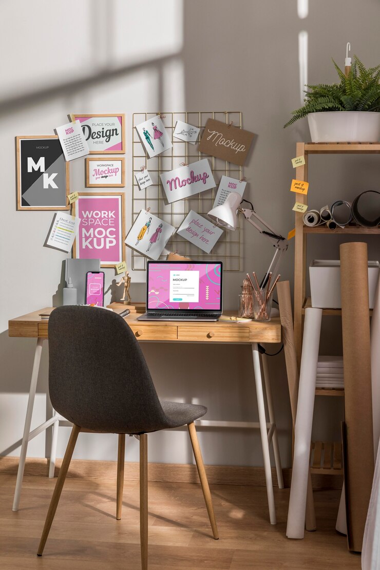 PSD ruang kerja dengan generator mockup laptop