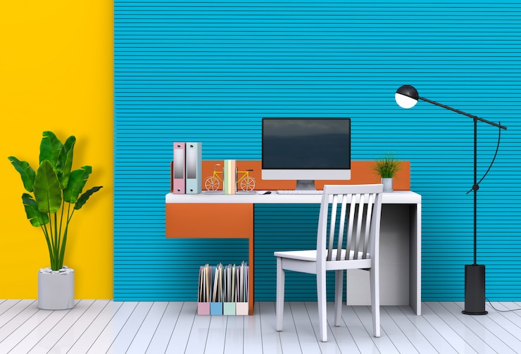 PSD ruang kerja ruang keluarga modern interior dengan meja dan komputer desktop