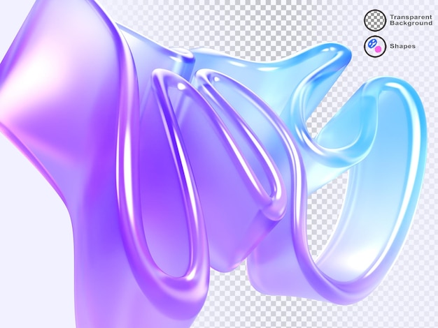Un ruban holographique en verre liquide abstrait 3D avec des volets et des plis est rendu. Arrière-plan de mode avec une courbe translucide, une ligne d'onde, un débit de néon bleu violet, un gradient fluide, un motif d'eau.