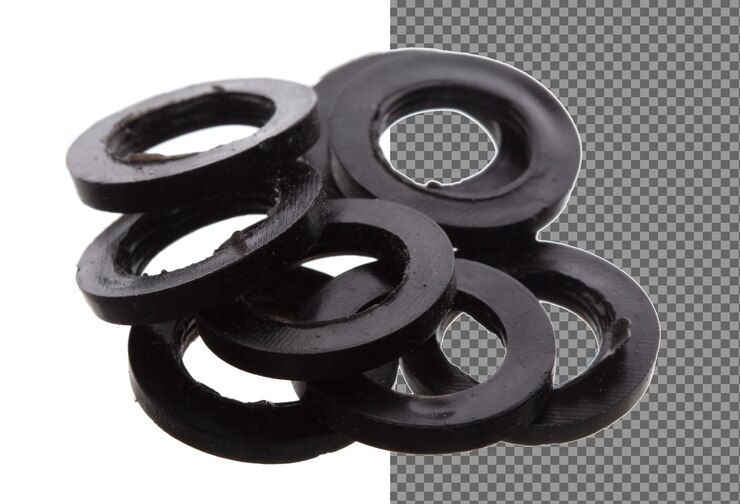 PSD rubber oring per l'industria e la riparazione di guarnizioni a sigillo ad anello per la pressione delle giunzioni e prevenire perdite dai componenti della macchina anelli in gomma nera utilizzati in prodotti idraulici acqua olio sfondo bianco isolato