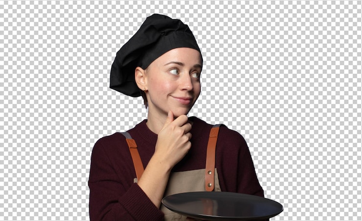 PSD rubia joven bonita mujer chef con un plato vacío