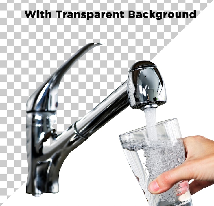 PSD rubinetto o rubinetto in stile moderno per riempire il bicchiere d'acqua a mano isolato su sfondo trasparente