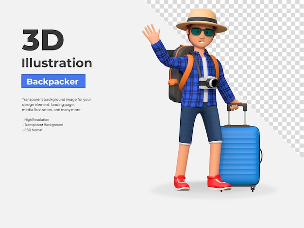 PSD rucksacktourist winkt mit der hand, während er seine reisetasche in der 3d-cartoon-figur-illustration des flughafens hält