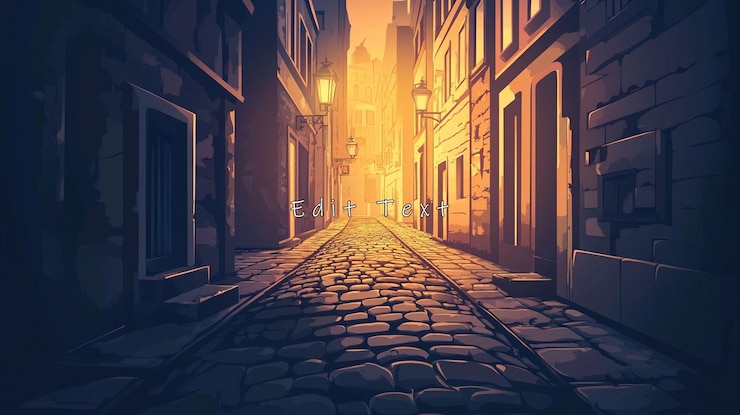PSD rue pavée au coucher du soleil bâtiments de la vieille ville
