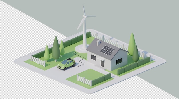 PSD rue à source d'énergie renouvelable 3d avec maison, voiture électrique et éolienne isométrique