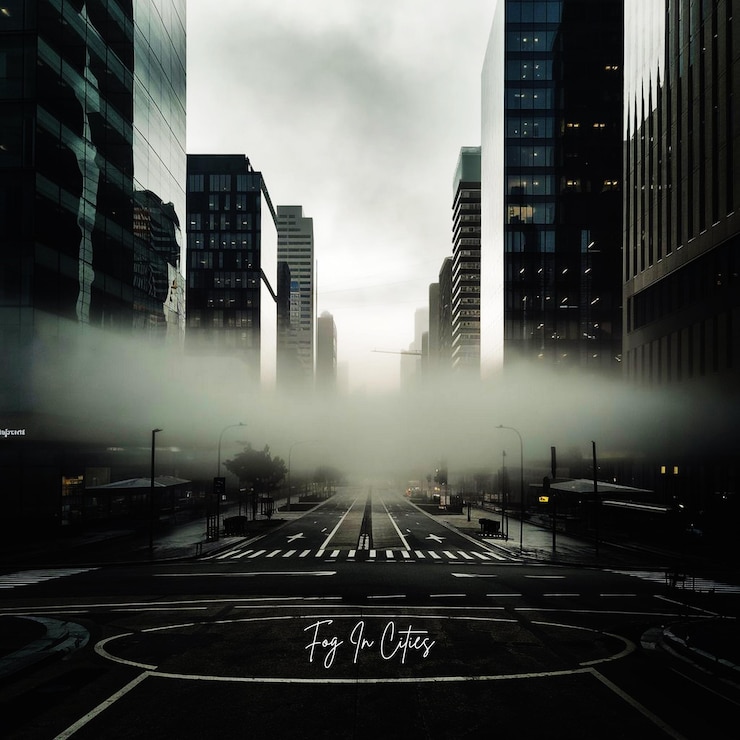 PSD une rue de la ville avec du brouillard en arrière-plan