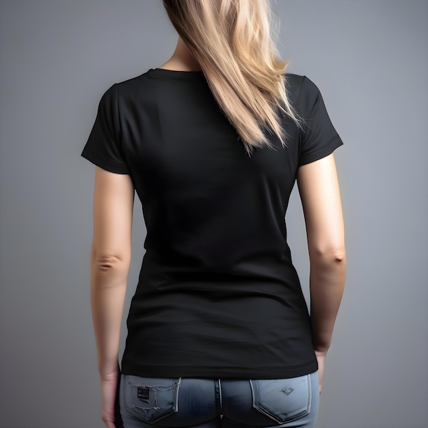 Rückblick auf eine frau in einem leeren schwarzen t-shirt auf grauem hintergrund