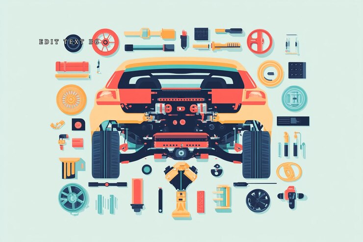PSD rückseite eines zerlegten autos mit teilen und werkzeugen