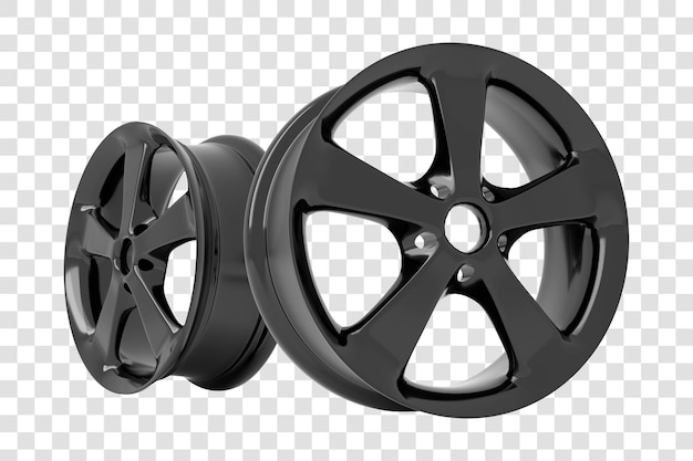 PSD rueda de automóvil de aleación de aluminio almohadilla de aleaciones negras para vías de automóviles sobre fondo blanco ilustración de renderización 3d