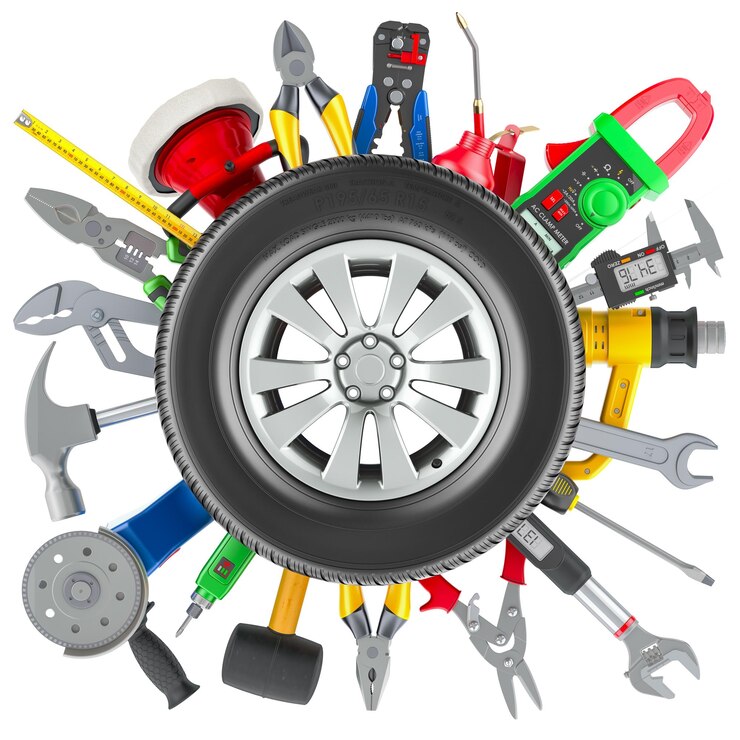 PSD rueda de automóvil con herramientas concepto de servicio y reparación de automóviles rendering 3d aislado en fondo transparente