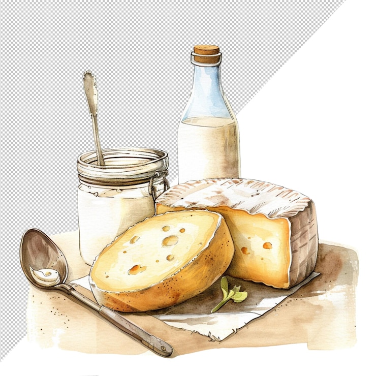 PSD una rueda de queso una botella de leche fresca y un frasco de crema