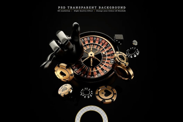 PSD rueda de ruleta de casino con cartas negras, dados y fichas en una escena oscura sobre un fondo transparente