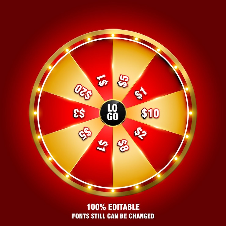 PSD rueda de la suerte para el juego de lotería o oportunidad de casino para ganar el premio en la ruleta de la suerte de oro rojo