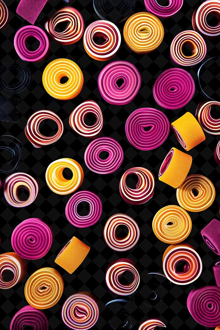 PSD ruedas de licorice brillantes esparcidas en un collage esparcido lic neon color comida bebida colección y2k